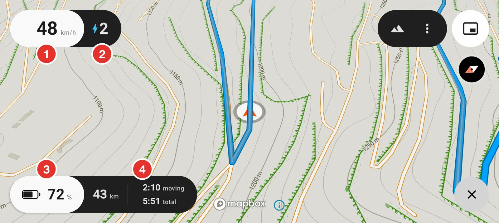 The map with the bike readouts in the two bottom and top left pills
