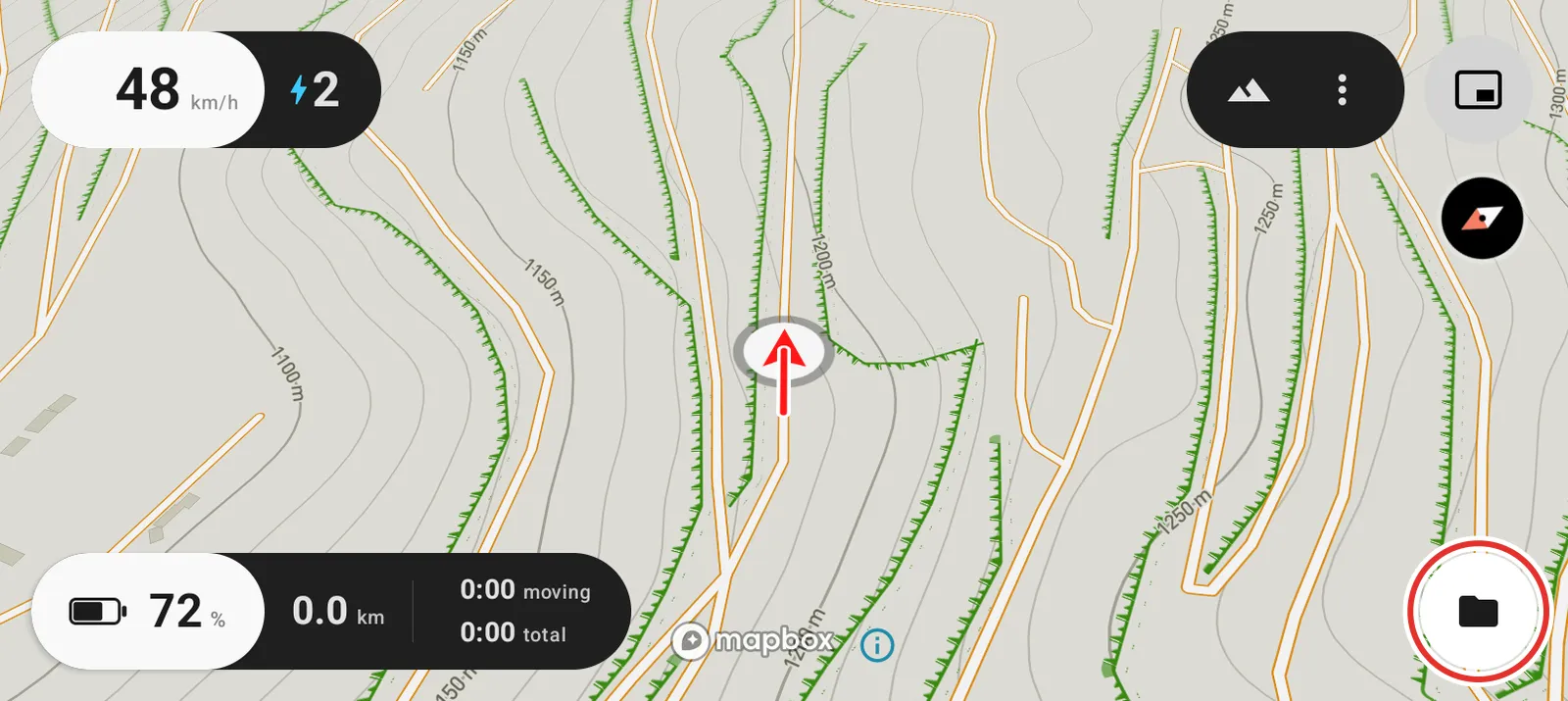 The map before a route is opened, with the folder button in the bottom right corner ringed