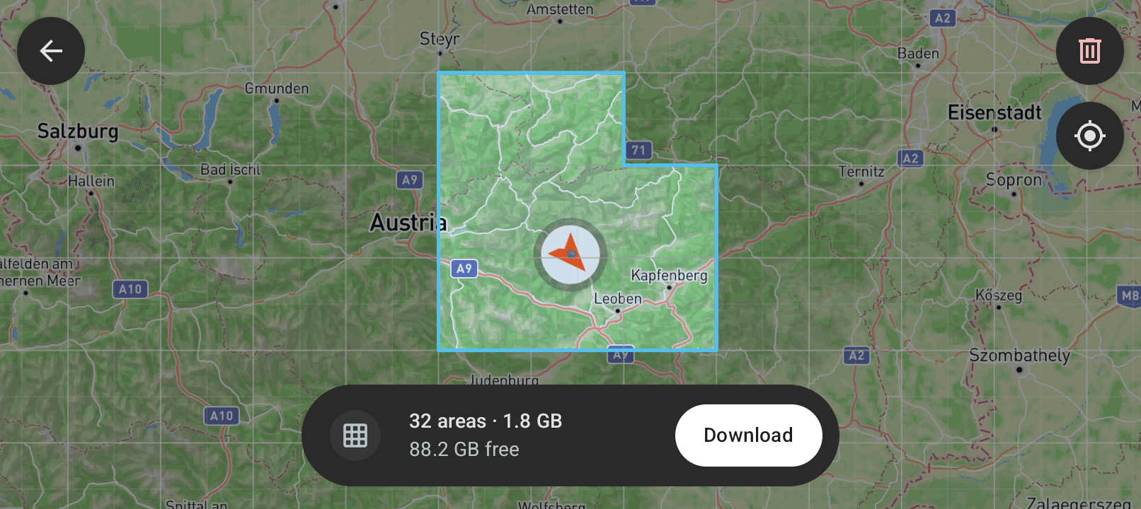The area picker, with a block of squares selected and the download bar