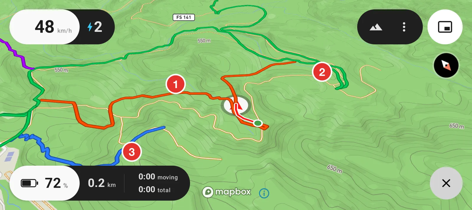 The map with four routes open at once, each in its own colour