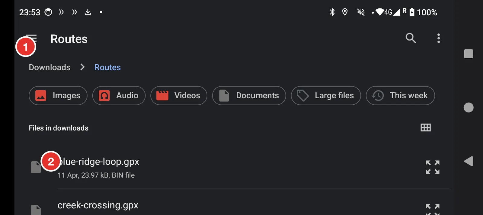 The bike screen's file browser, open in a folder called Routes