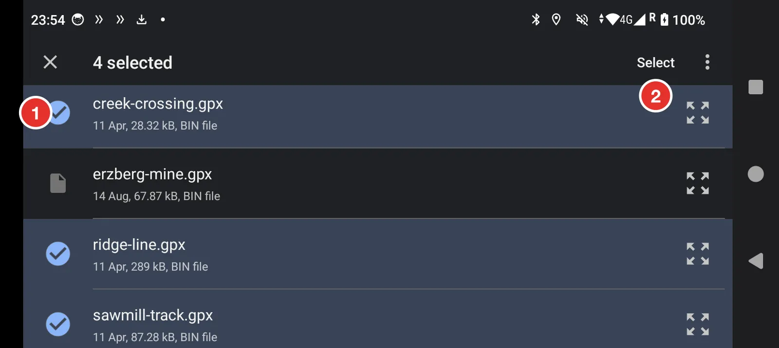 The file browser with four GPX files ticked and the Select button in the corner