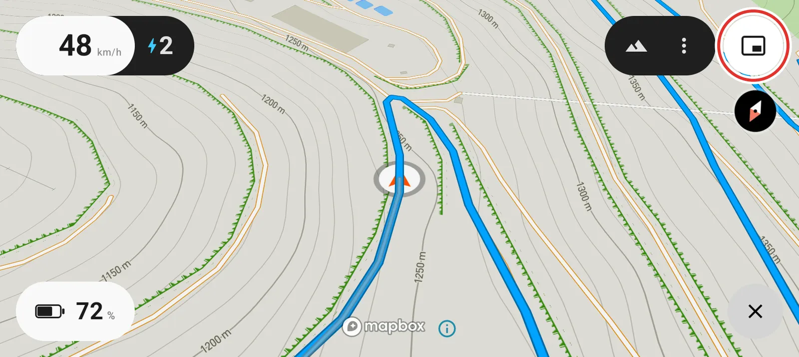The map screen with the Picture in Picture button in the top right corner ringed