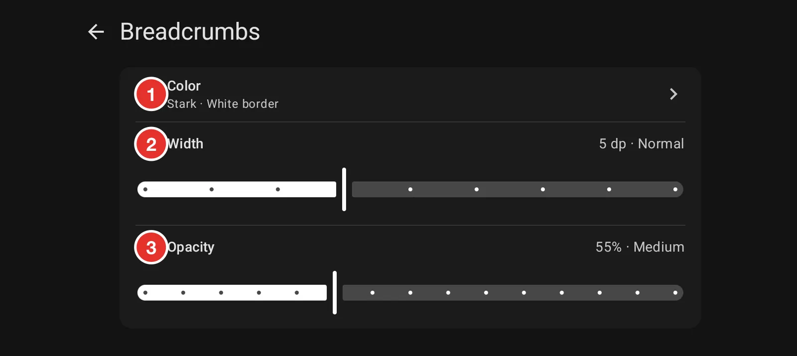 The colour, width and opacity controls on the Breadcrumbs screen