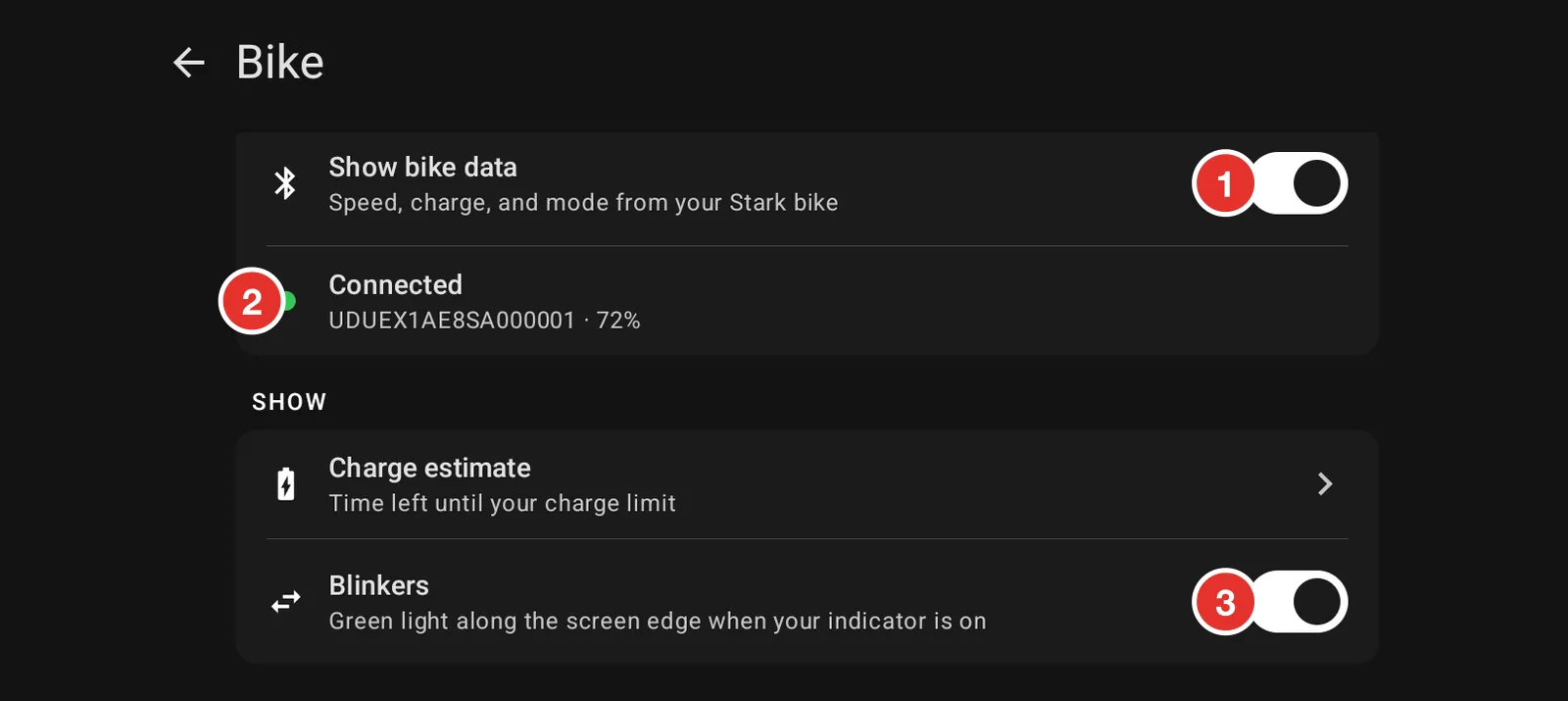 The Bike settings screen
