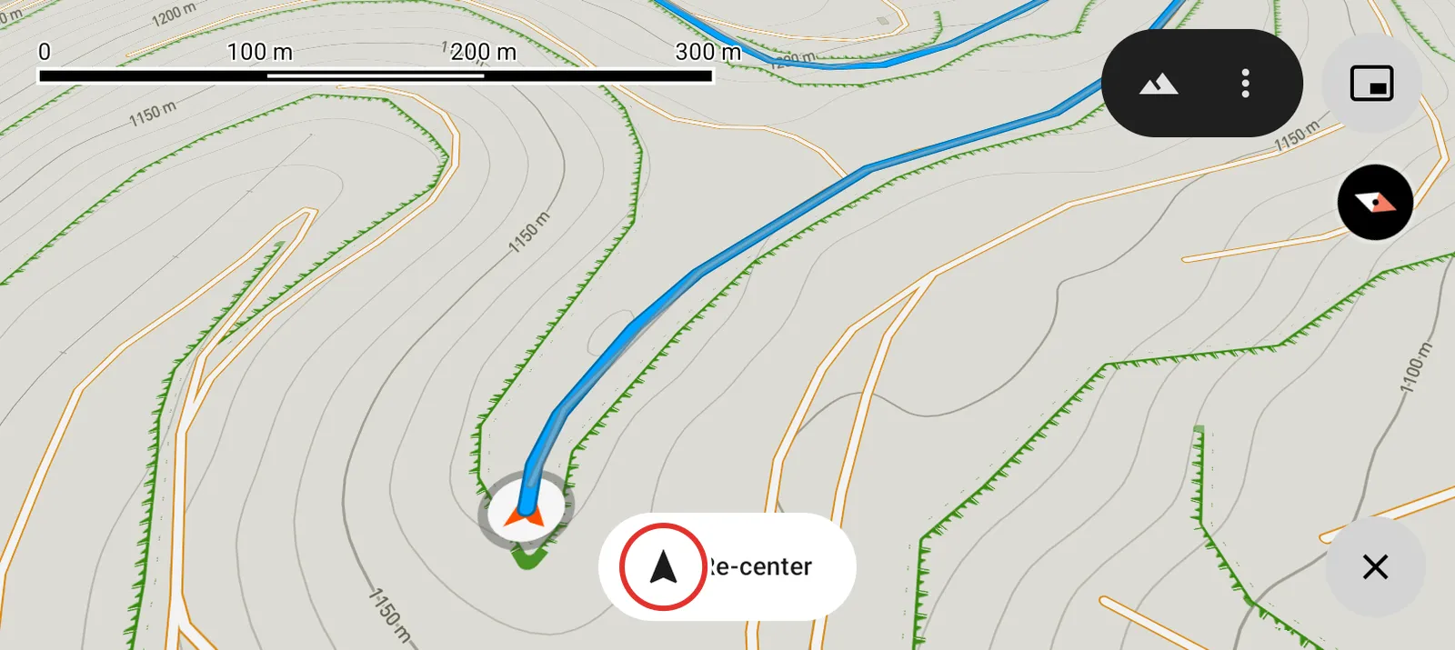 The map after panning, with the Re-center button showing