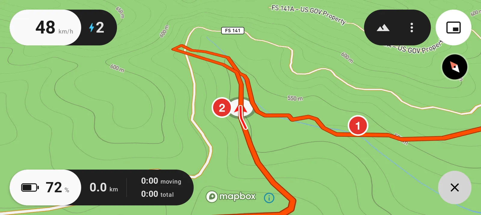 The map with the route drawn and the rider's arrow on it