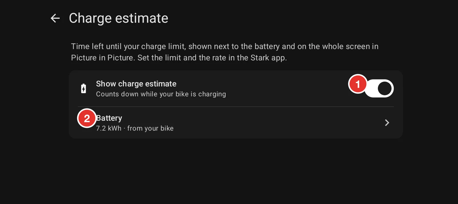 The Charge estimate settings screen
