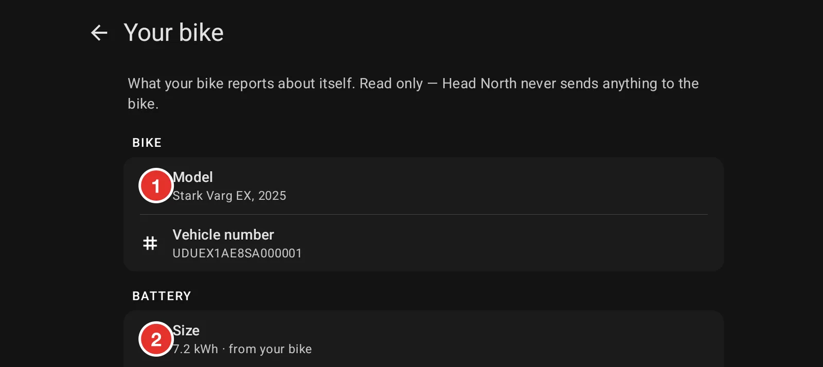 The Your bike screen, showing what the app read from the bike