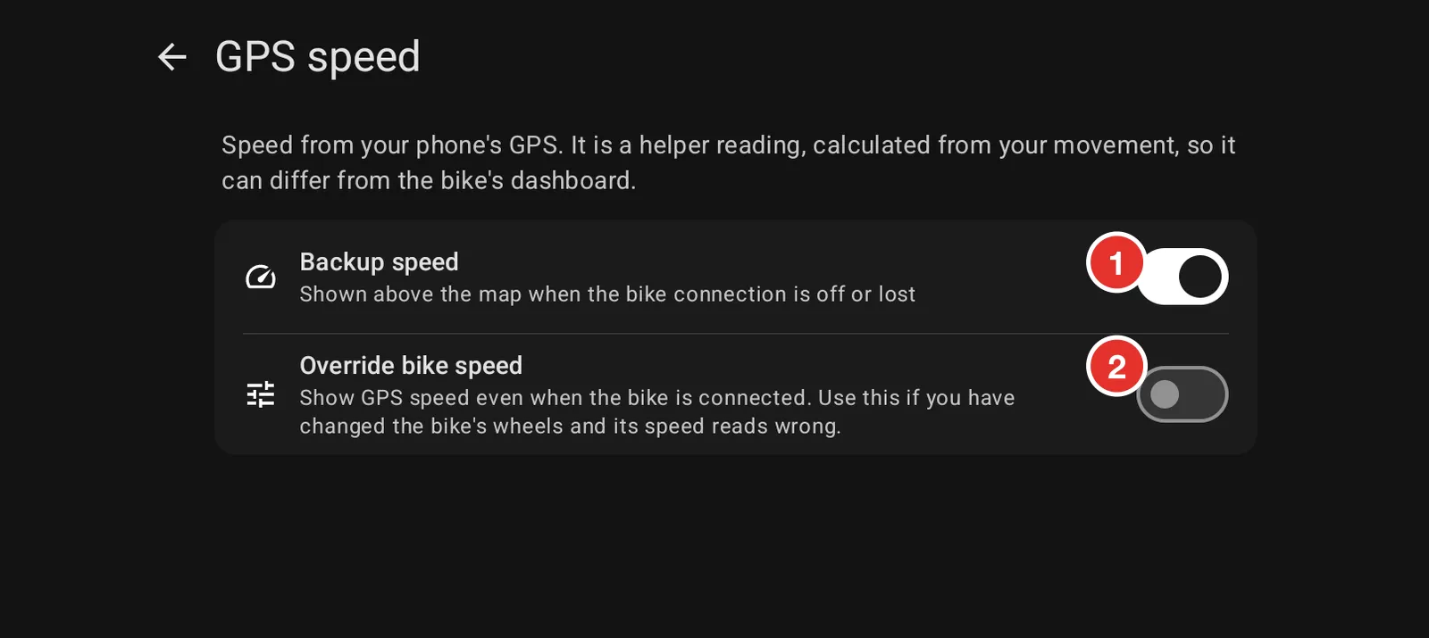 The GPS speed settings screen