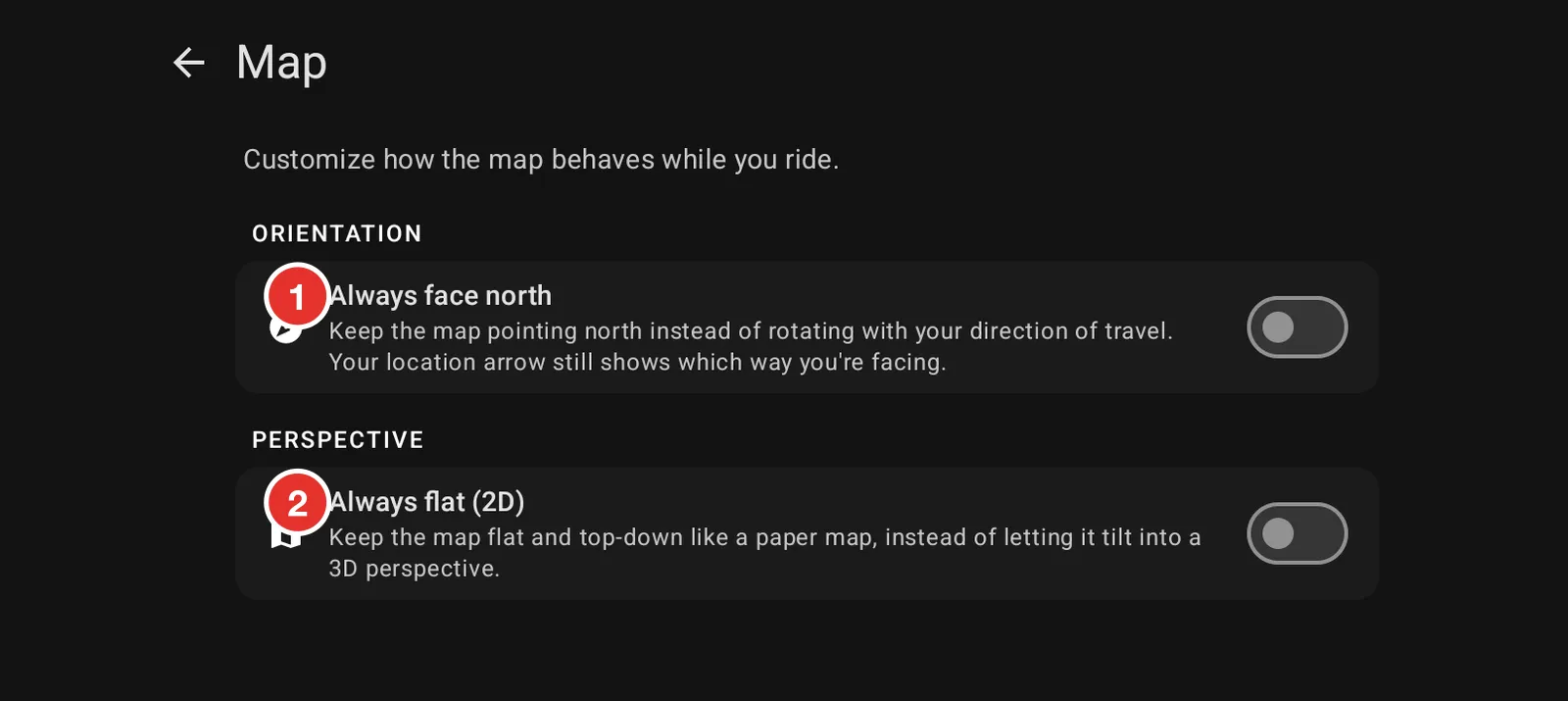 The Map settings screen