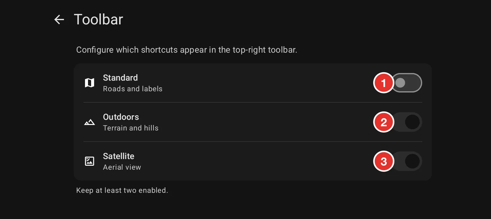 The Toolbar settings screen