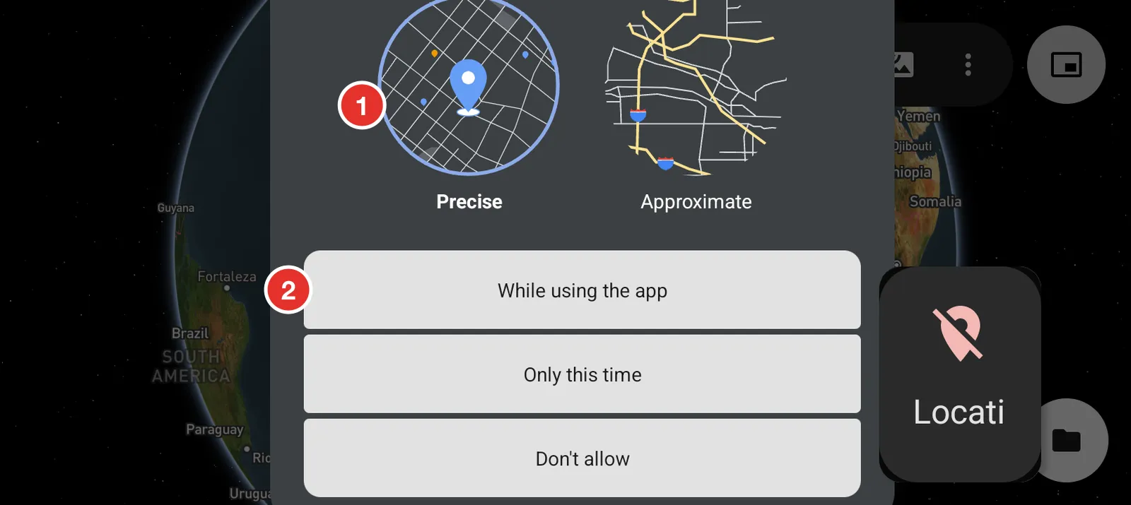 The Android location panel, with Precise chosen and the While using the app button below it