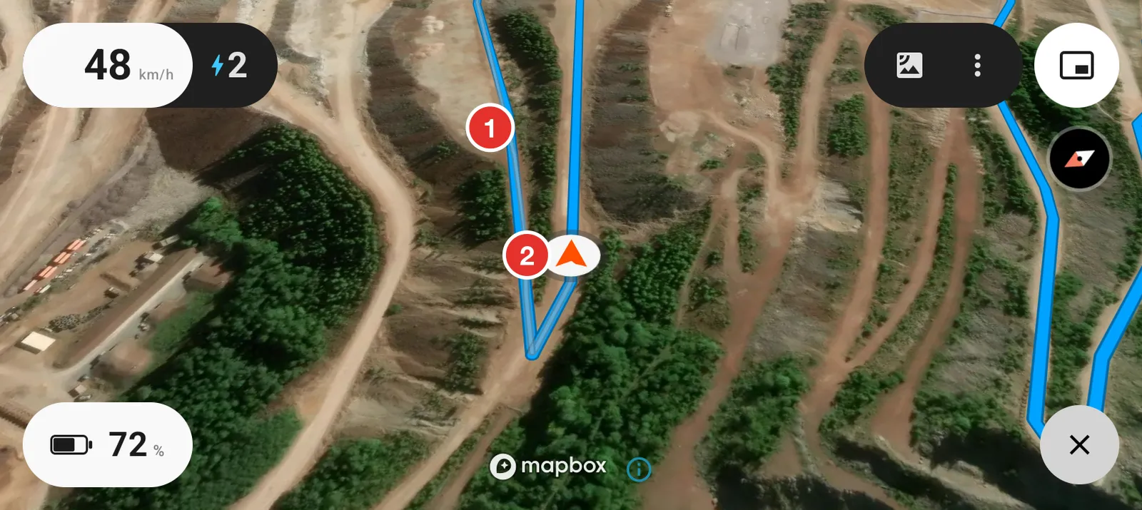 The map filling the bike screen, with a route and the rider's position on it
