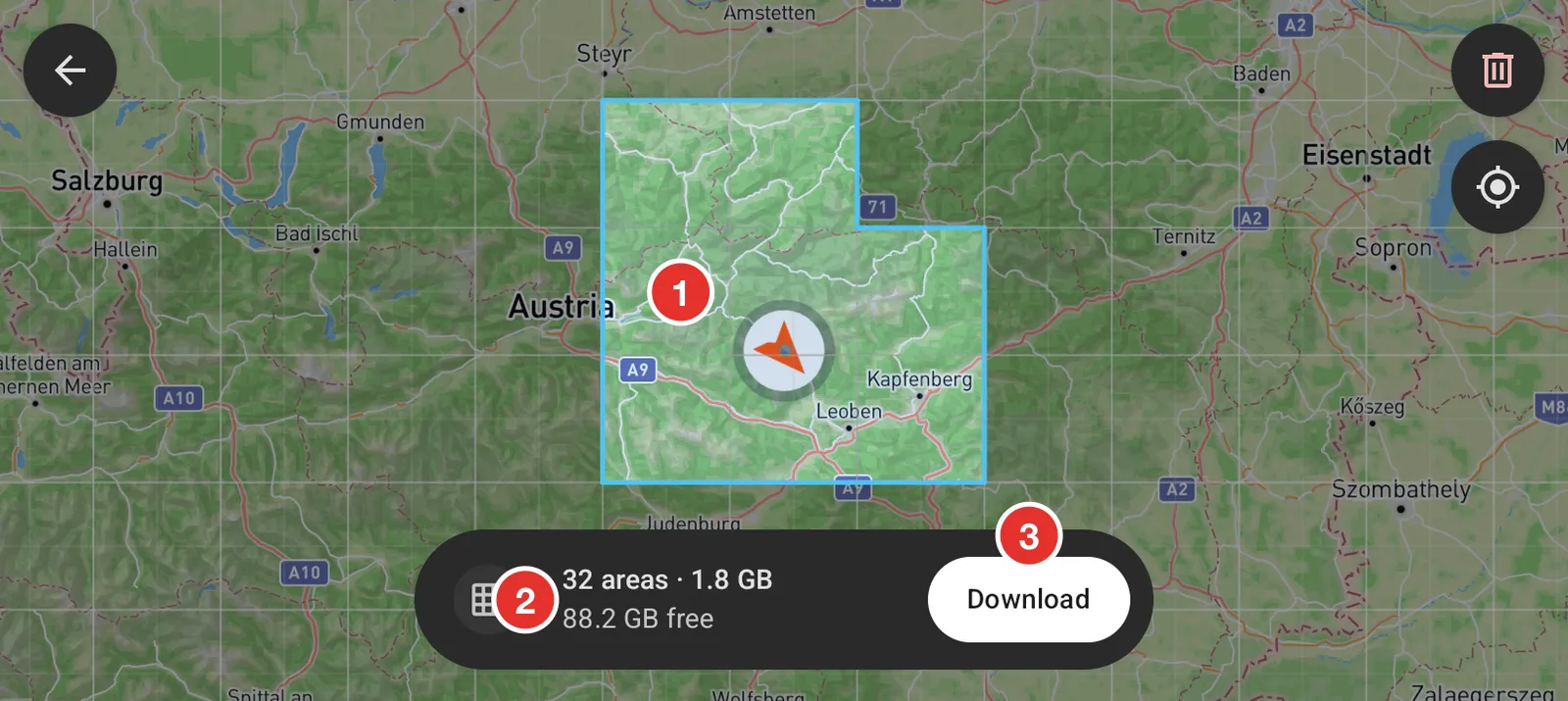 The area picker with a block of squares selected and the download bar