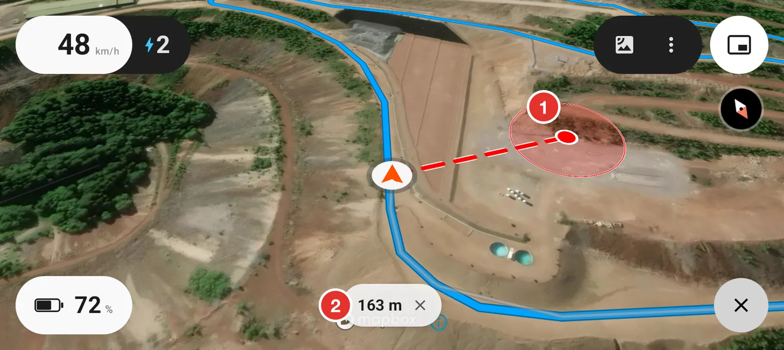 The map with a dashed line from the rider to a dropped point and the distance shown