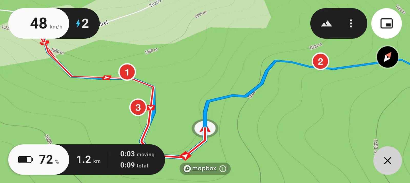 The map with the breadcrumb trail drawn over the route