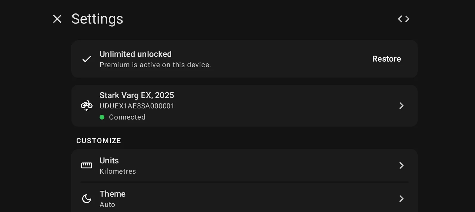 The top of the Settings screen