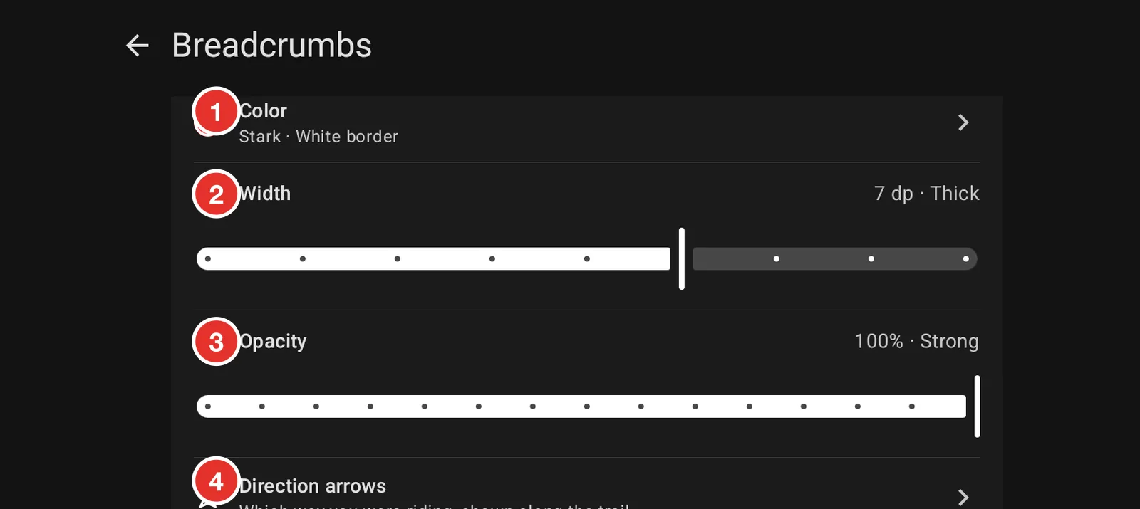 The colour, width, opacity and direction arrow controls on the Breadcrumbs screen