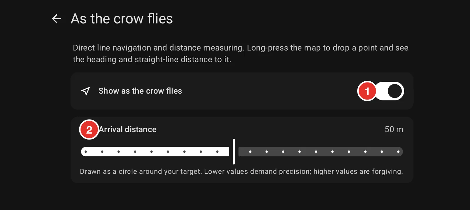 The As the crow flies settings screen