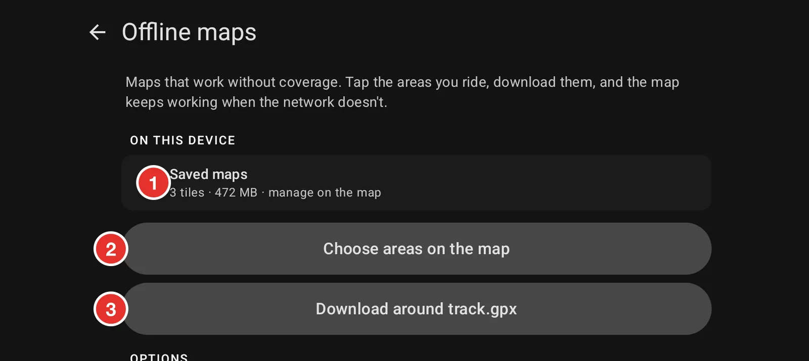 The Offline maps settings screen