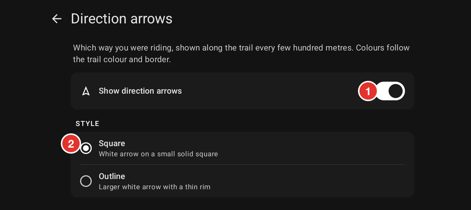 The Direction arrows screen, with the switch on and the Square style chosen
